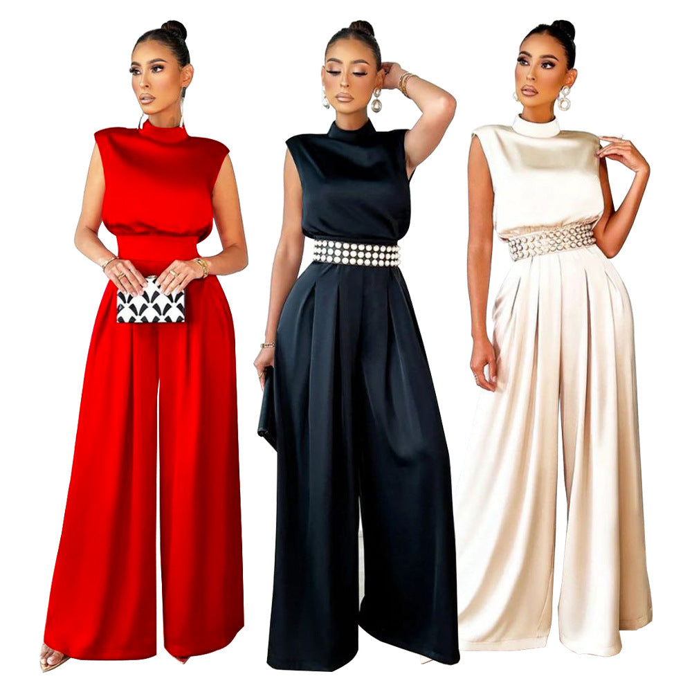 Fashionable Wide Leg Pants Solid Color Turtleneck Sleeveless Fitted Waist Jumpsuit