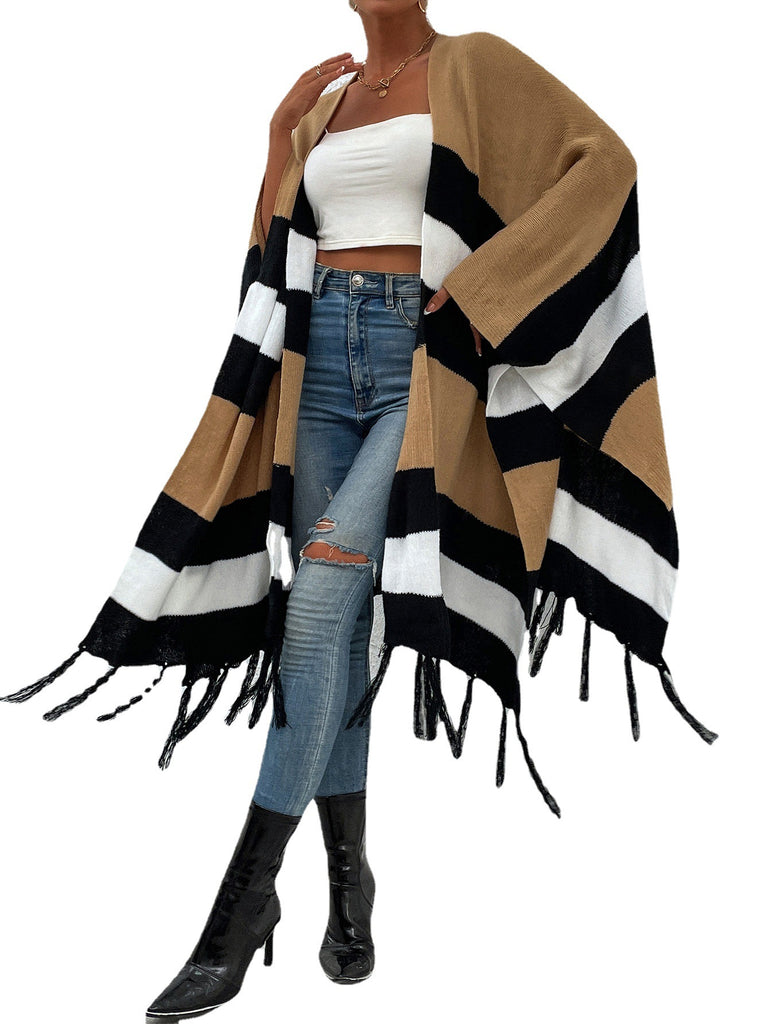 Autumn and Winter New Striped Contrast Color Tassel Shawl Sweater Cloak