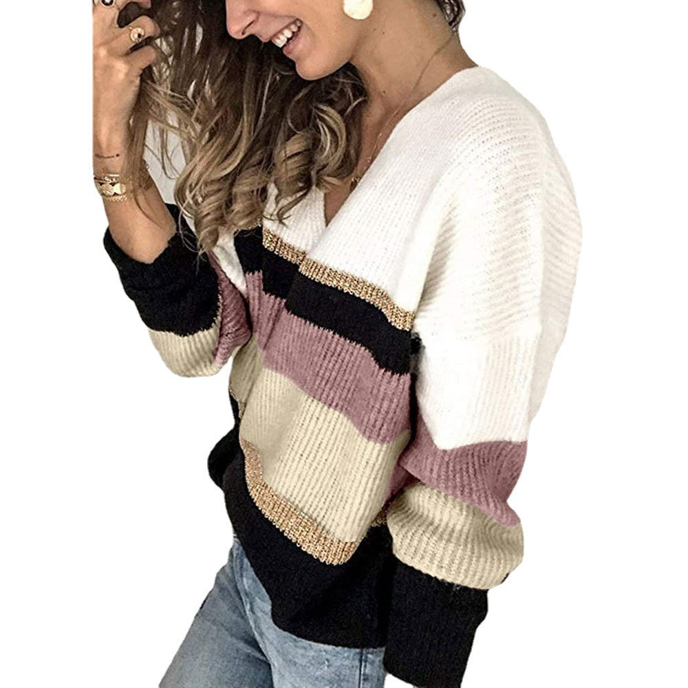 Online Influencer Fashion Pullover Patchwork V-neck plus Size Knitted Sweater for Women