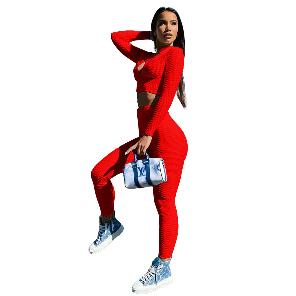 X9311 Zipper Waffle Tights Two-Piece Sports Suit