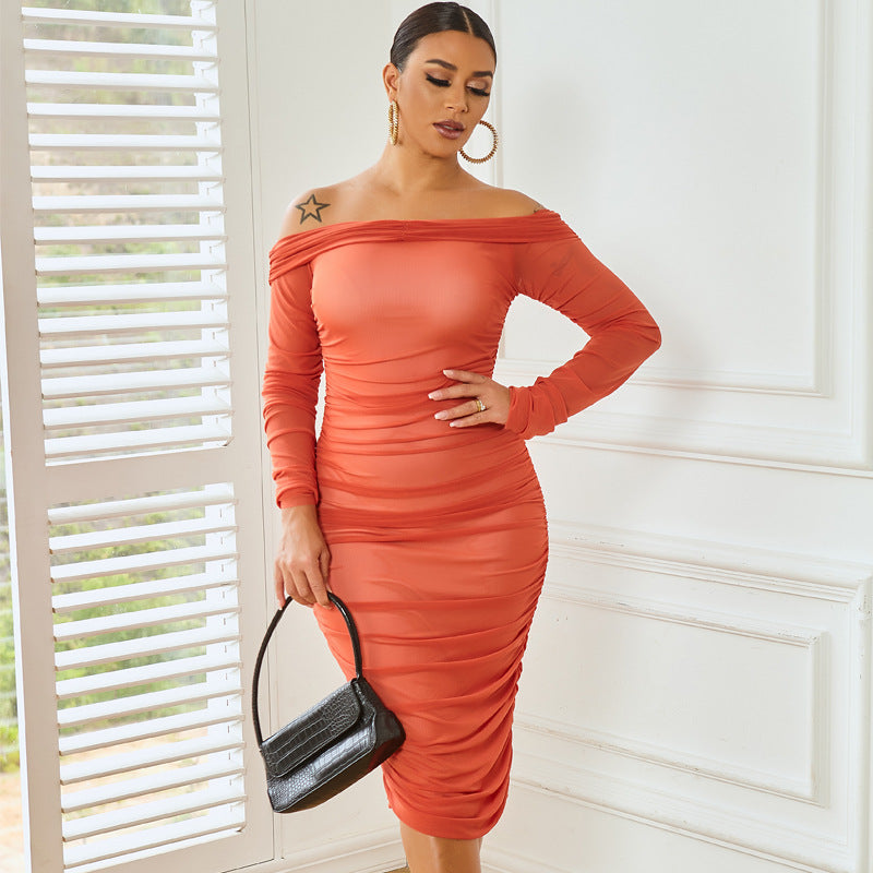 Solid Color Sexy Slim-Fit Party Long-Sleeved off-Shoulder Pleated Early Spring Dress