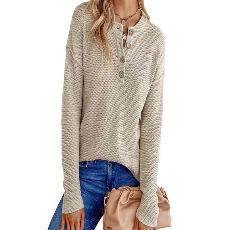 Autumn and Winter Solid Color European and American Sweater Women's Half Cardigan Button Sweater Pullover Women's Top