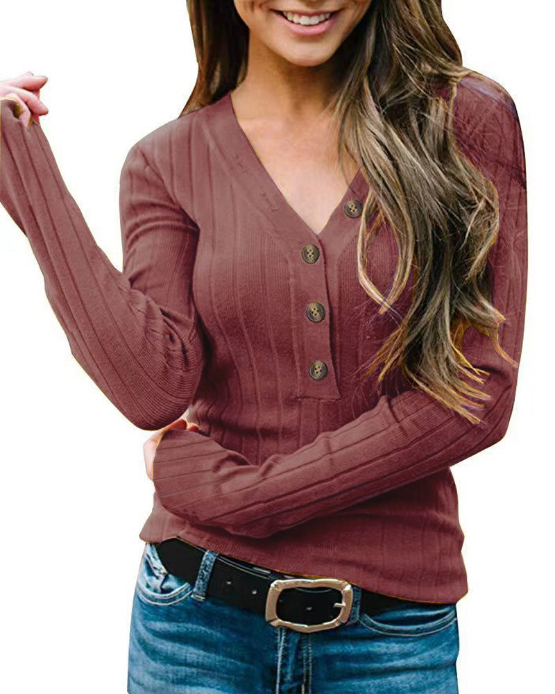 V-neck Buttons Solid Color Long-Sleeved Knitted Sweater Women's T-shirt