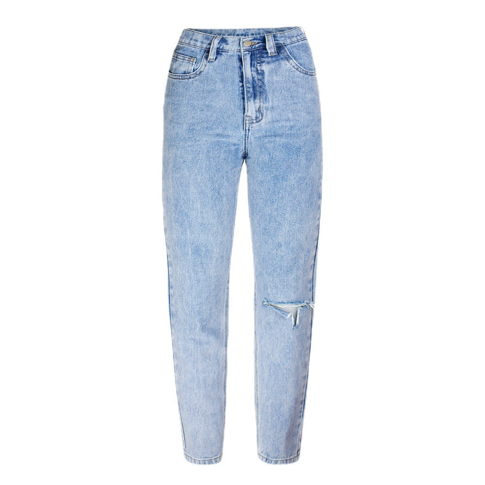 European and American Style Jeans Female Leisure Washed-out Hole High Waist Straight Pants