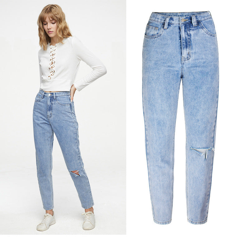 European and American Style Jeans Female Leisure Washed-out Hole High Waist Straight Pants