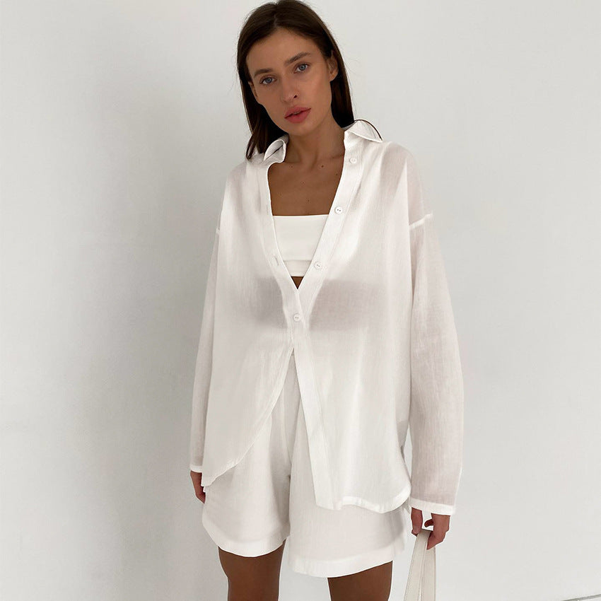 European and American Cotton and Linen Women's Clothing Niche Casual Suit Long Sleeve See-through Sexy Temperament Shorts Loose White