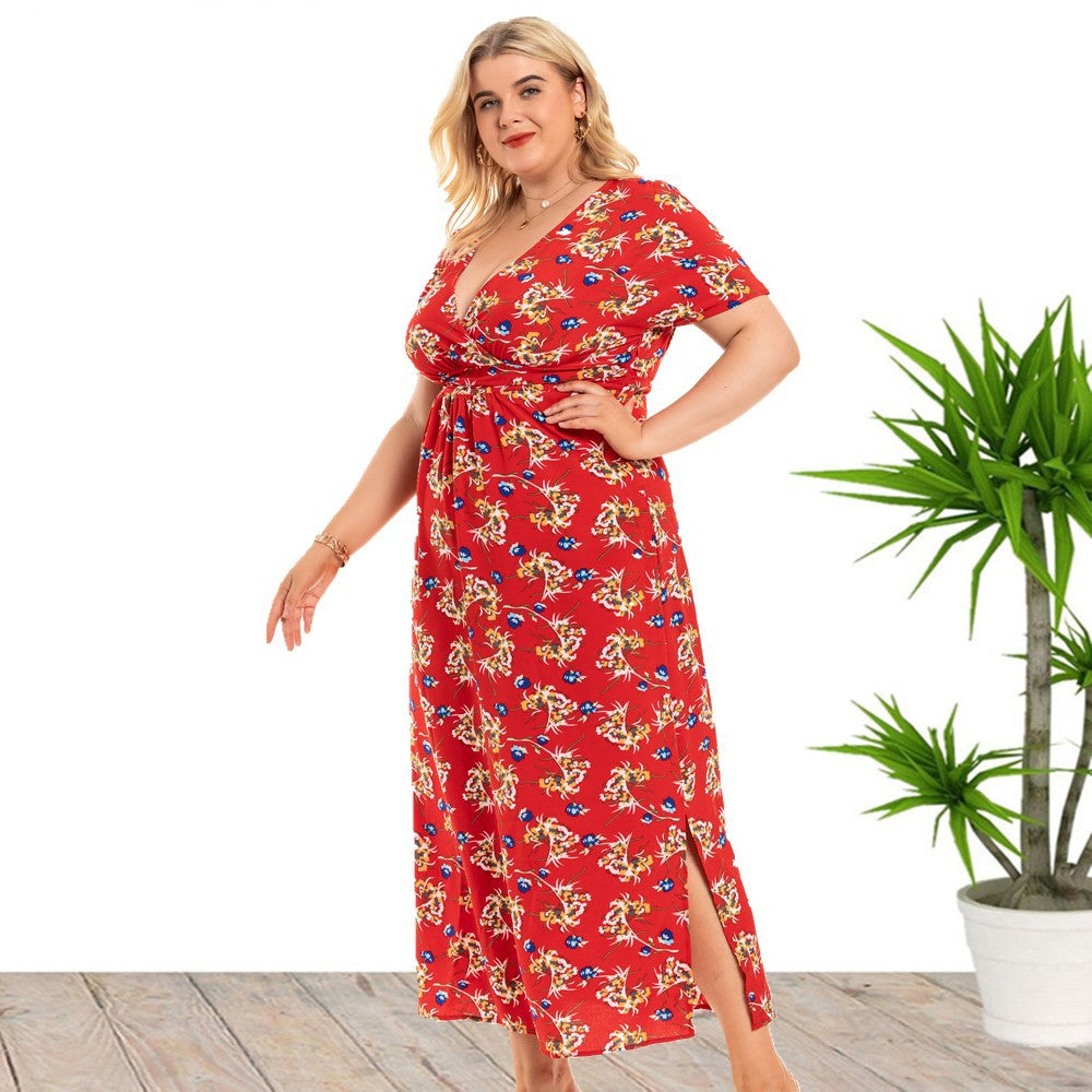 Women 'S Floral Dress V-neck Slit Dress