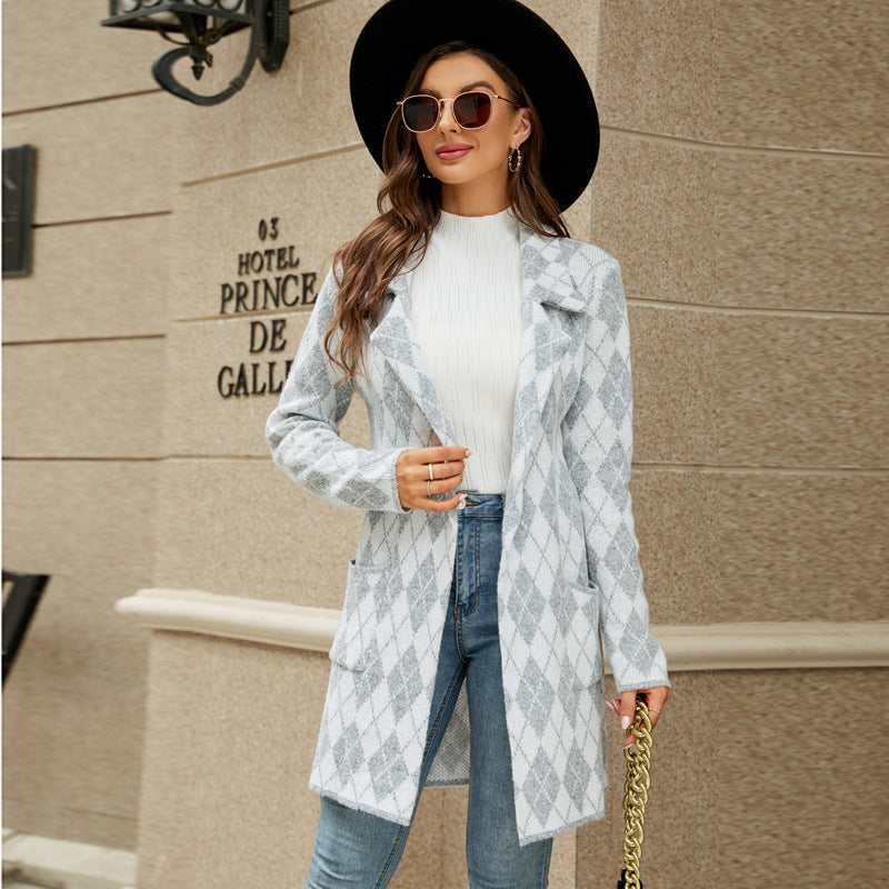 Autumn and Winter Long Sweater Contrast Color Houndstooth Knitted Cardigan Temperament Commute Suit Collar Trench Coat Coat