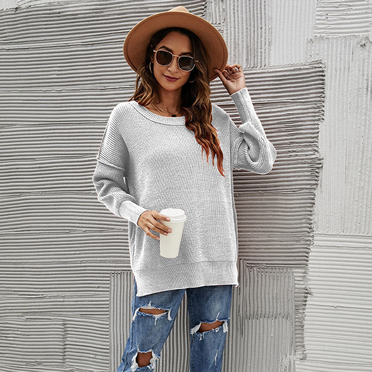 Fashion Pullover Sweater round Neck Loose off-the-Shoulder Large Size Solid Color Sweater