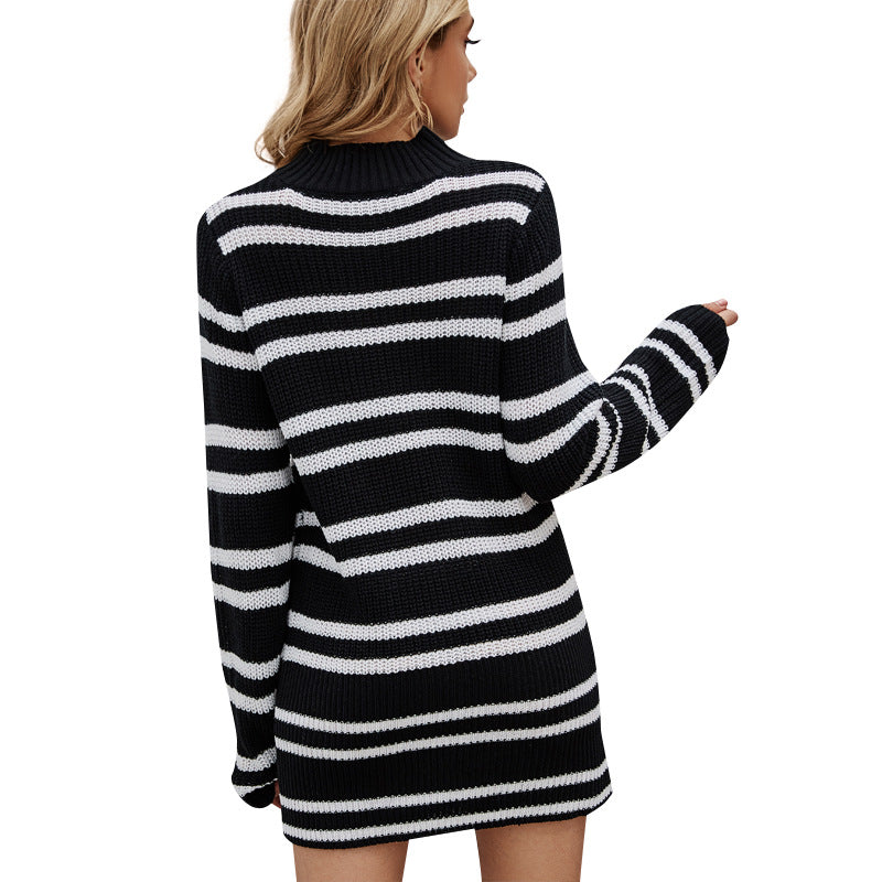 Sexy Vulnerability Long-Sleeved Knitted Sweater Striped Contrast Color Mid-Length Pullover Sweater