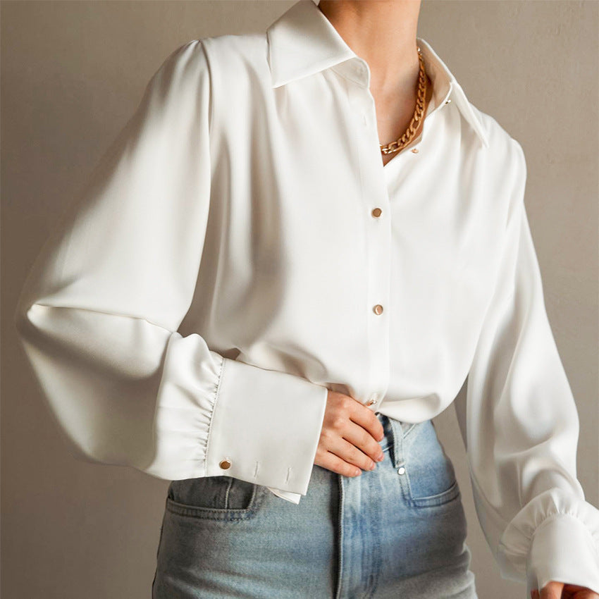 White with Lapel Shirt High-End Non-Ironing Anti-Wrinkle Commuter Versatile Long Sleeve Shirt Women