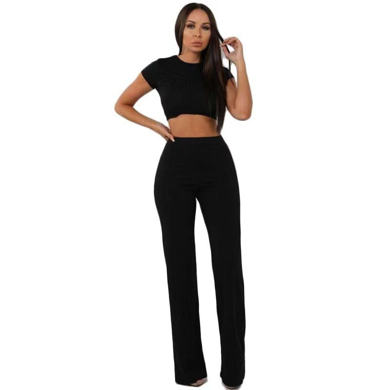 2022 new fashion casual suit female European and American high-elastic cotton pit strip wide-leg pants two-piece set