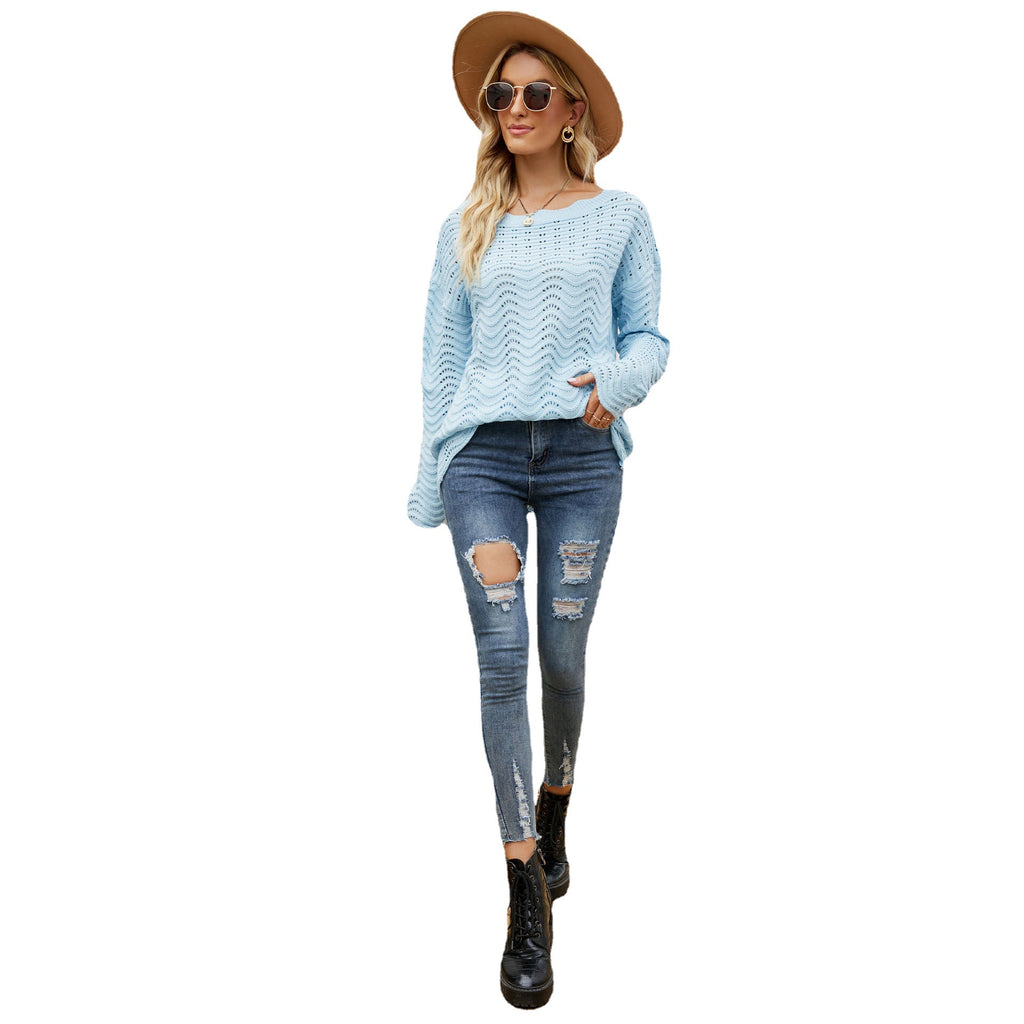 Bestseller Solid Color Hollow-out Pullover Lace Knitwear off-Shoulder Sweater for Women