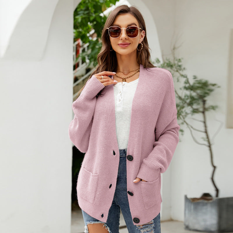 Casual Sweater Autumn and Winter Temperament V-neck Knitted Cardigan Solid Color Outerwear Versatile Sweater Coat