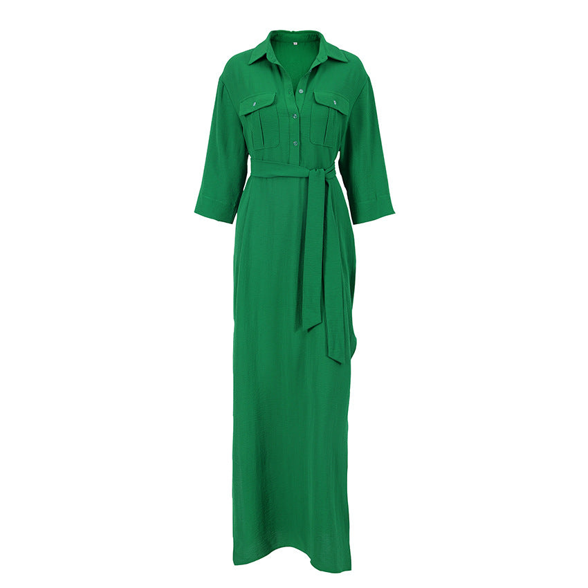French Style Temperament Commuter Polo Dress European and American Fashion Women's Wear Split Shirt Dress Long Dress