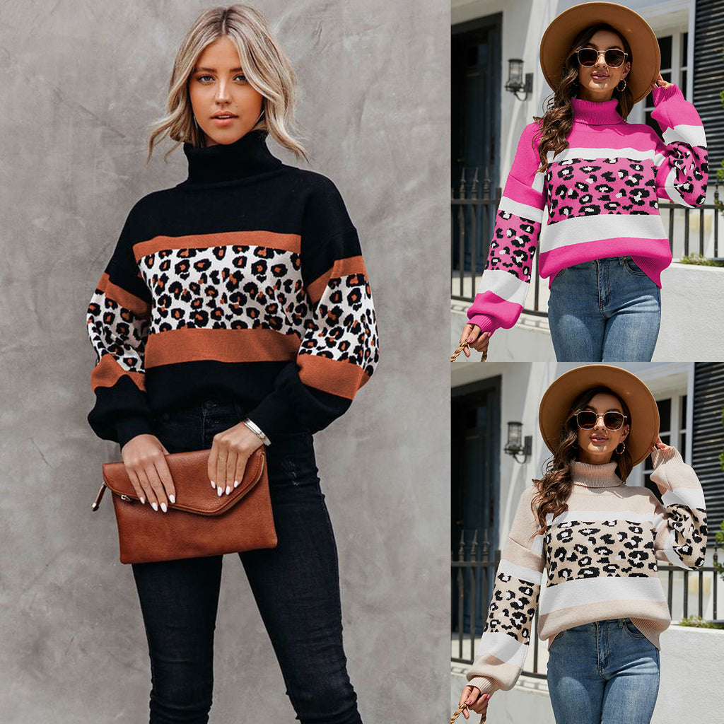 Turtleneck Leopard Print Color Matching Sweater Striped Lantern Sleeve Sweater