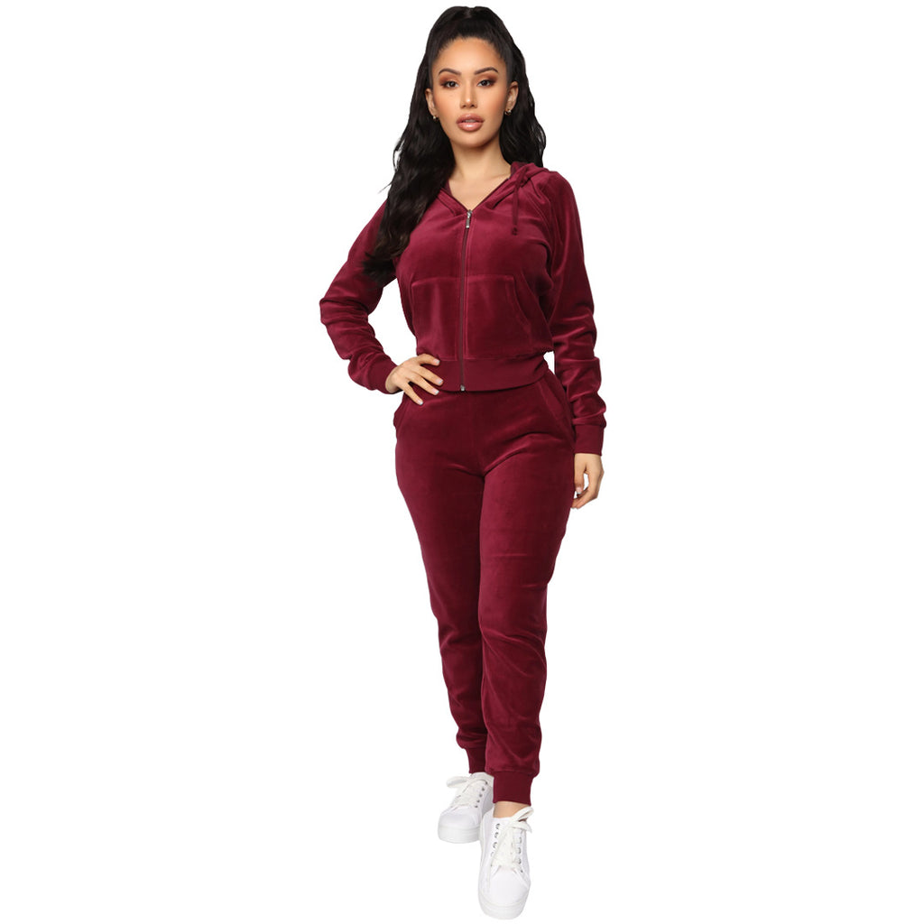 X9204 Velvet Hooded Zipper Sweatshirt Elastic Waist Pants Two-Piece Set