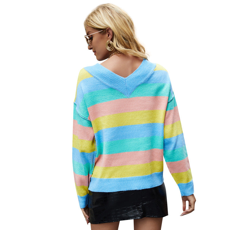 Sexy Large V-neck Knitted Sweater Long Sleeve Striped Contrast Color Knitted Bottoming Shirt