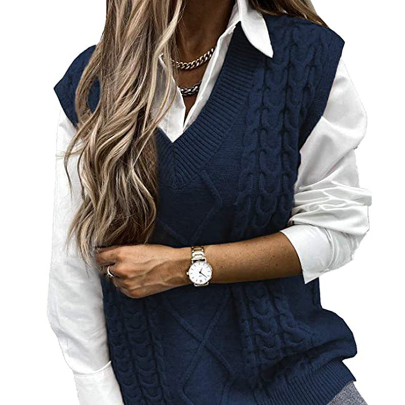 Sweater Vest Women's Fashion Loose Vest Large V-neck European and American Sleeveless Twisted Knitted