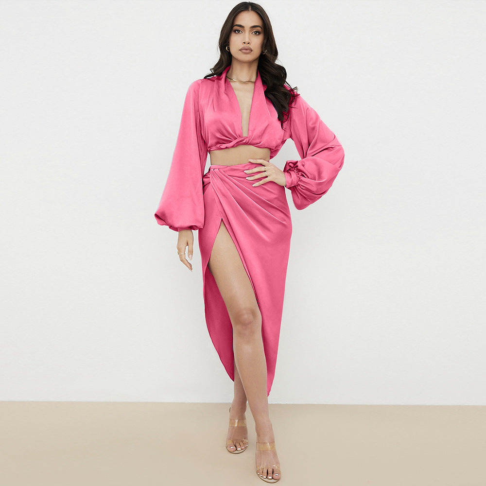 Long Sleeve Deep V Midriff-Baring Top High Slit Skirt Suit Satin Nightclub Sexy Dress