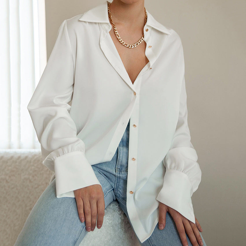 White with Lapel Shirt High-End Non-Ironing Anti-Wrinkle Commuter Versatile Long Sleeve Shirt Women