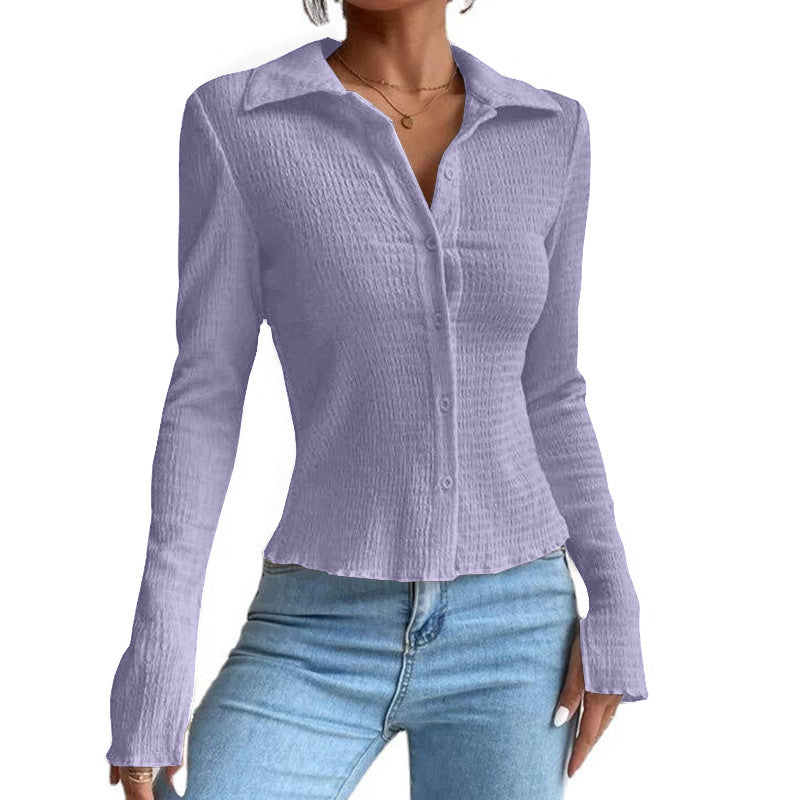 Solid Color Stitching Split Sleeve Cardigan Button Top Lapel T-shirt