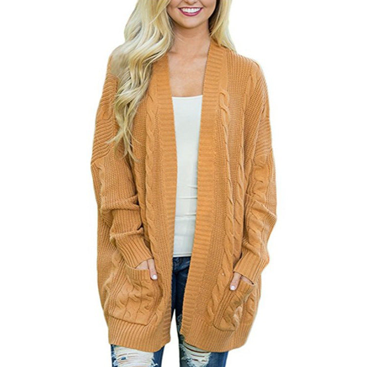 Women's Sweater European and American-Style Mid-Length plus Size Double Pocket Twist Knitted Cardigan