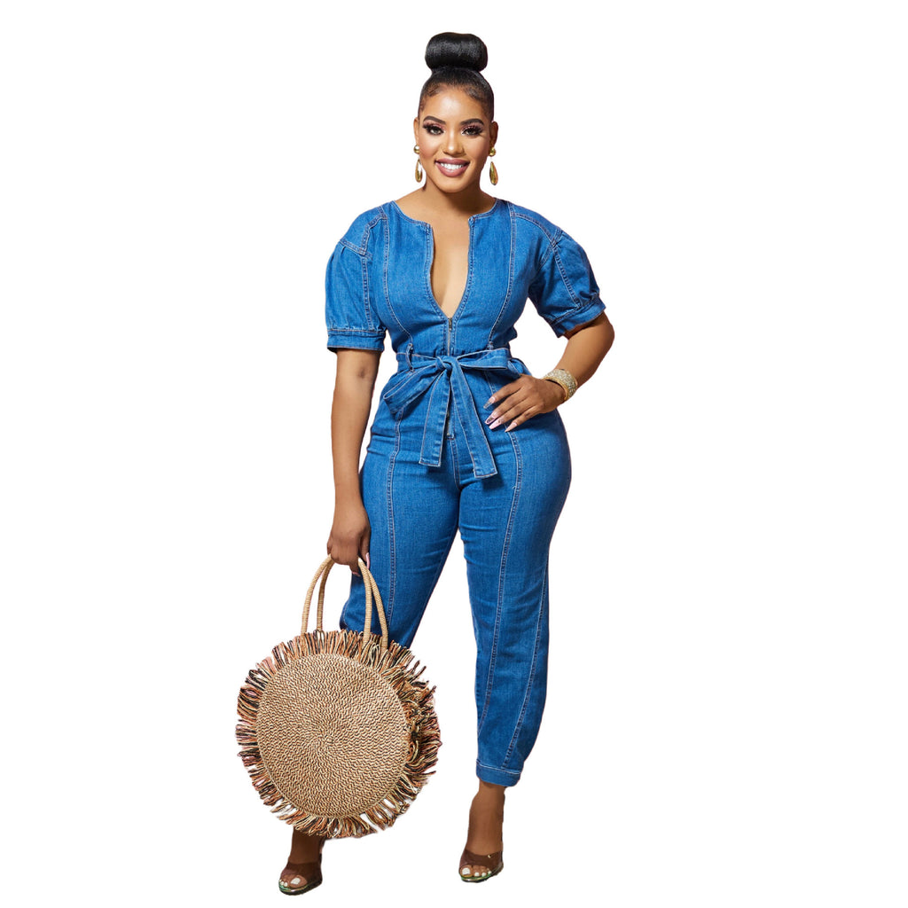 Women's European and American New Sexy Fashion Elegant Blue Washed Jumpsuit