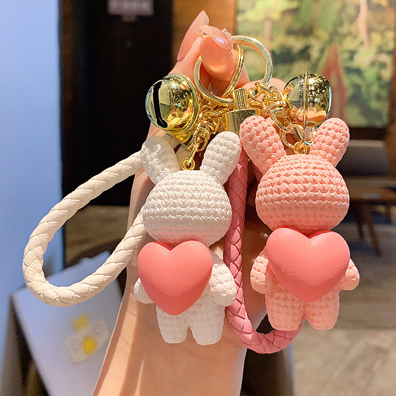 Creative Peach Heart Woven Rabbit Keychain Female Cute Couple Rabbit Schoolbag Pendant Car Key Chain Ornaments