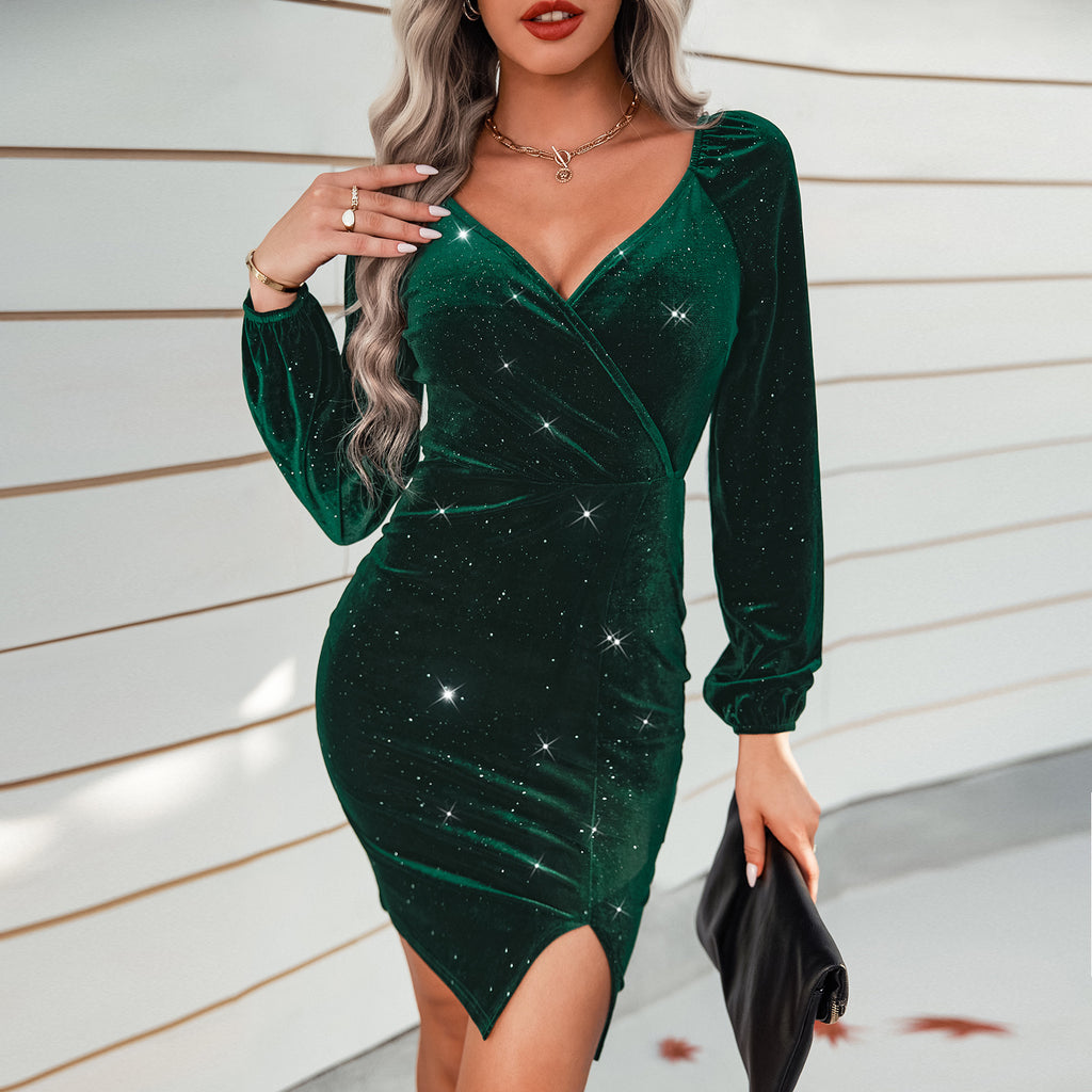 2022 Autumn and Winter New Sexy Hip Skirt European and American Women's Clothing Fashion V-neck Velvet Dress