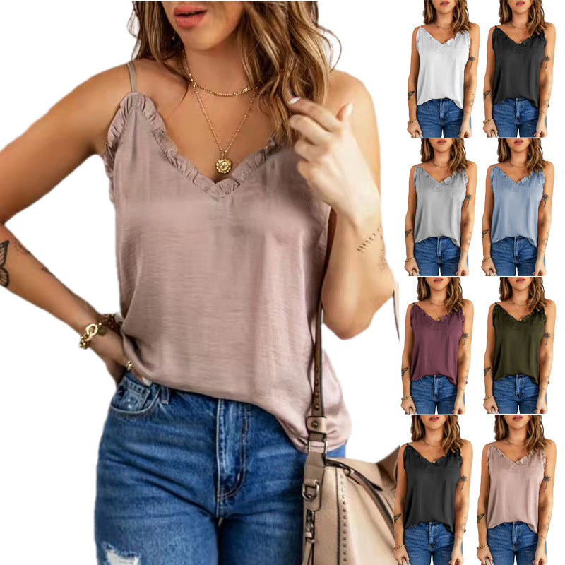 Ruffled Spaghetti-Strap Camisole Top Chiffon Shirt