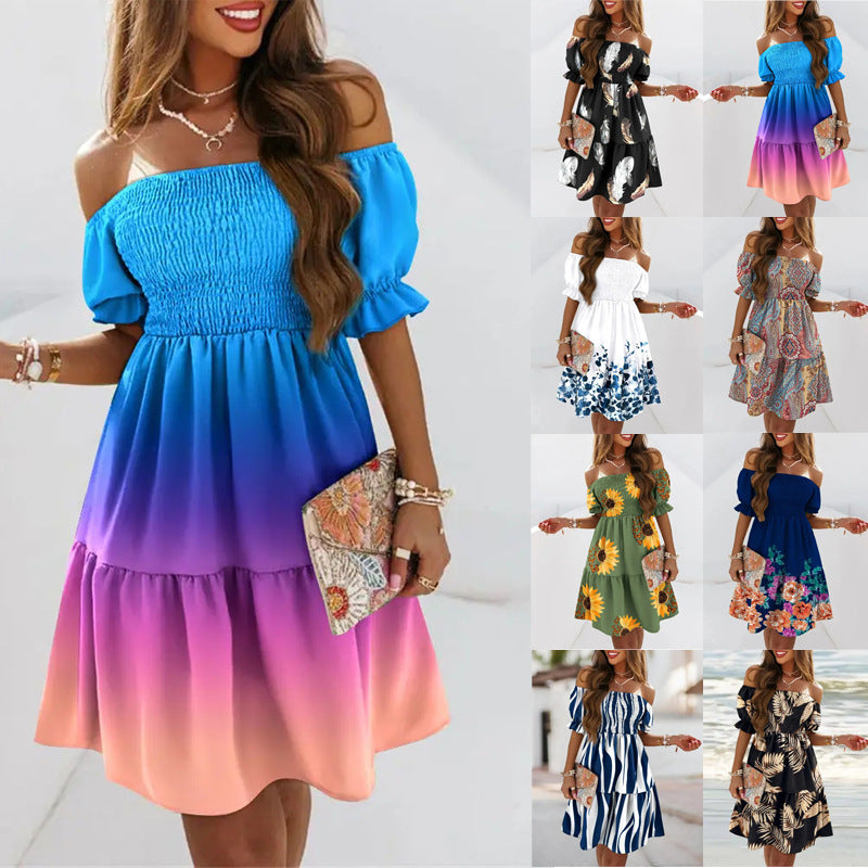 Short Sleeve off-Neck Fitted Waist Pleated Printed Dress