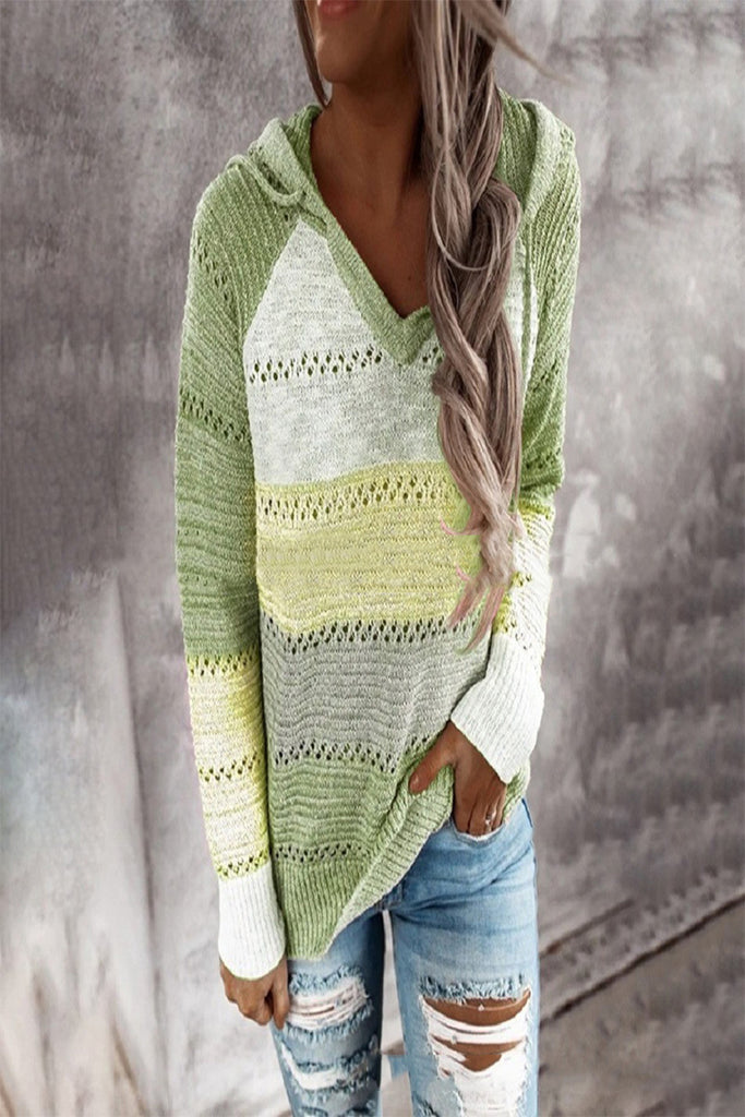 Contrast Color Sweater Women's V-neck Hooded Knitted Sweater for Women