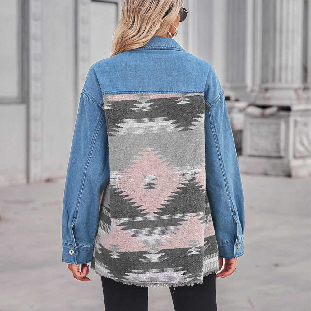 Geometric Pattern Long Loose Denim Stitching Lapel Button Women's Woolen Coat