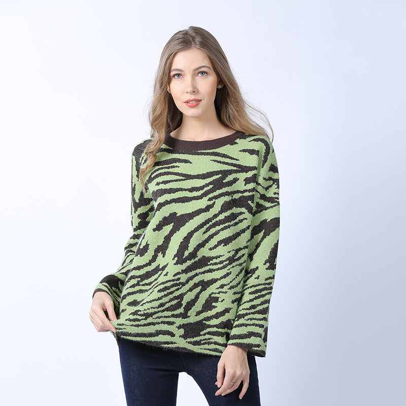 Zebra Print Sweater Women's Loose Outer Wear Idle Style round Neck Pullover Sweater Fashion