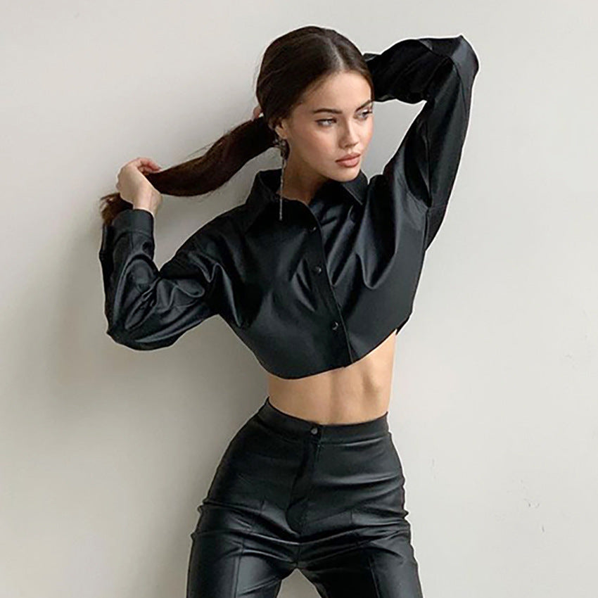 PU Leather Coat European and American Women's Clothing Street Hot Girl Middle Section Domineering Shirt Long Sleeve Short Shirt Motorcycle Style
