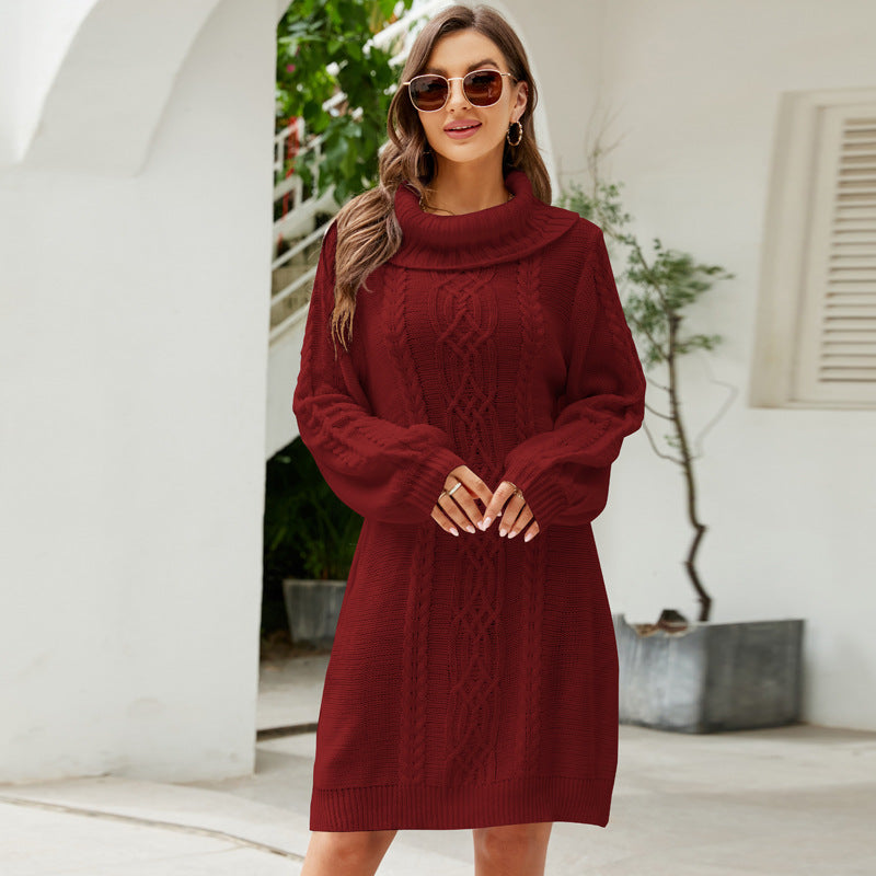 Fall/Winter Sweater Dress All-Matching Loose Knitted Dress Solid Color Twisted Long Turtleneck Sweater