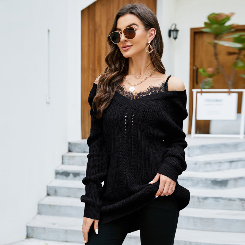 Long Sleeve Top Strapless Sexy V-neck Sweater Lace Stitching Mid-Length Pullover Sweater
