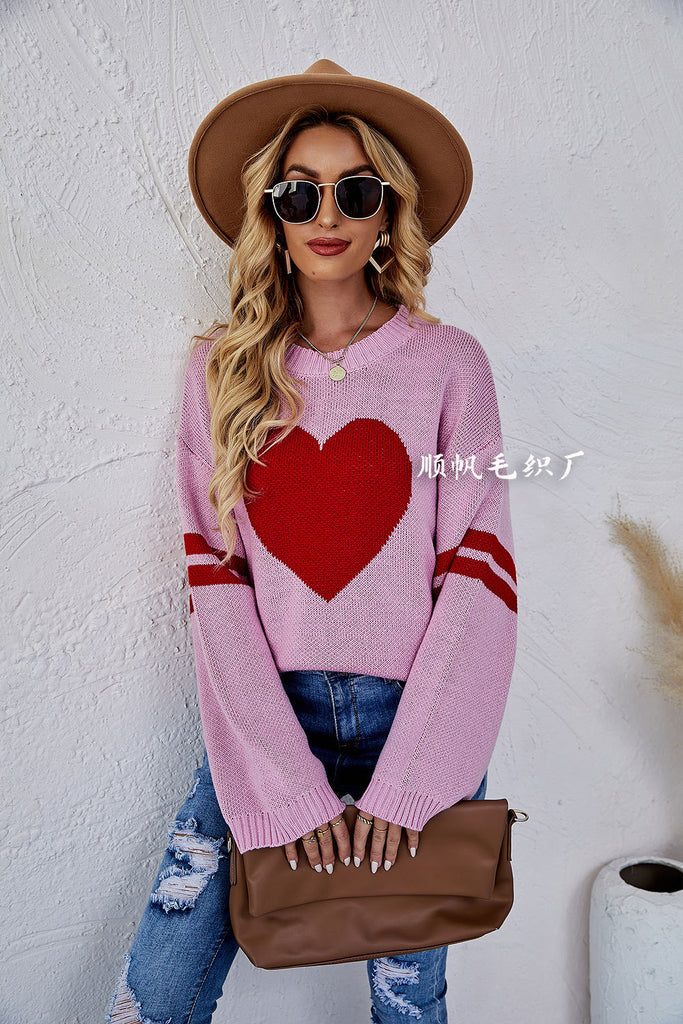 Women's Sweater Loose round Neck Pullover Love Long Sleeve Sweater for Women