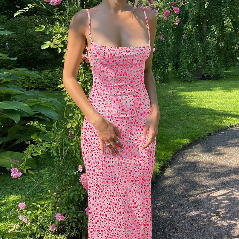 Sexy Slim Fit Spaghetti-Strap Floral Print Slim Fit Long Dress Beach Vacation Backless Dress