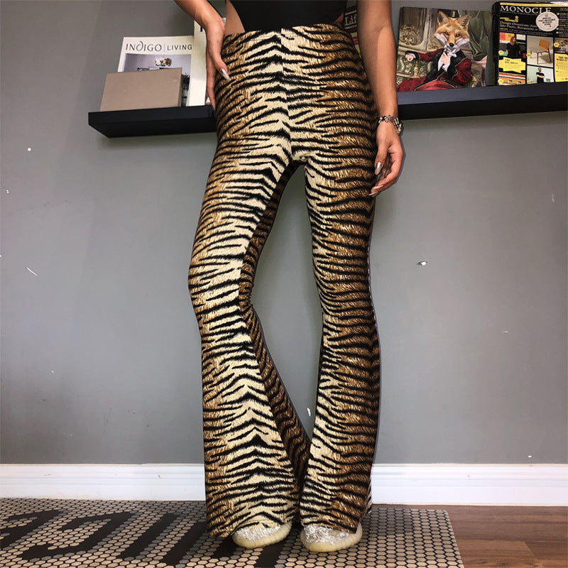 Autumn New Trendy Fried Street Women's Trousers Elastic Mid-High Waist Leopard Print Tiger Pattern Bell-Bottom Pants