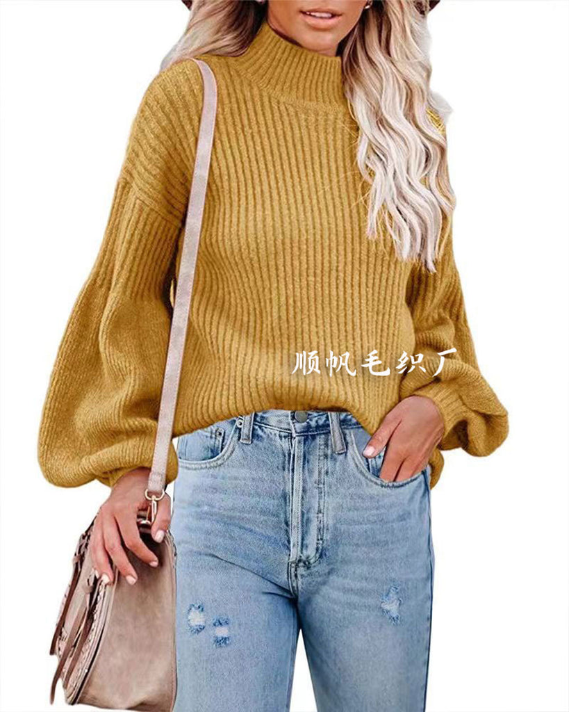 Knitwear European and American Women's Clothing High-Necked Pullover Long Sleeve Sweater Women