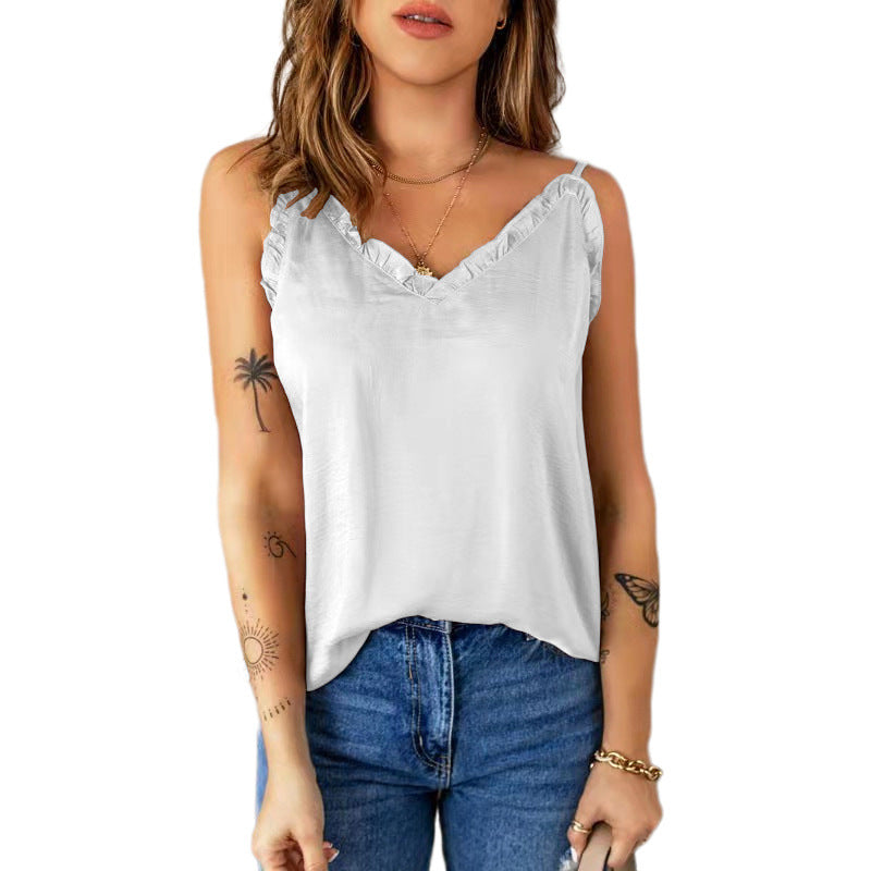 Ruffled Spaghetti-Strap Camisole Top Chiffon Shirt