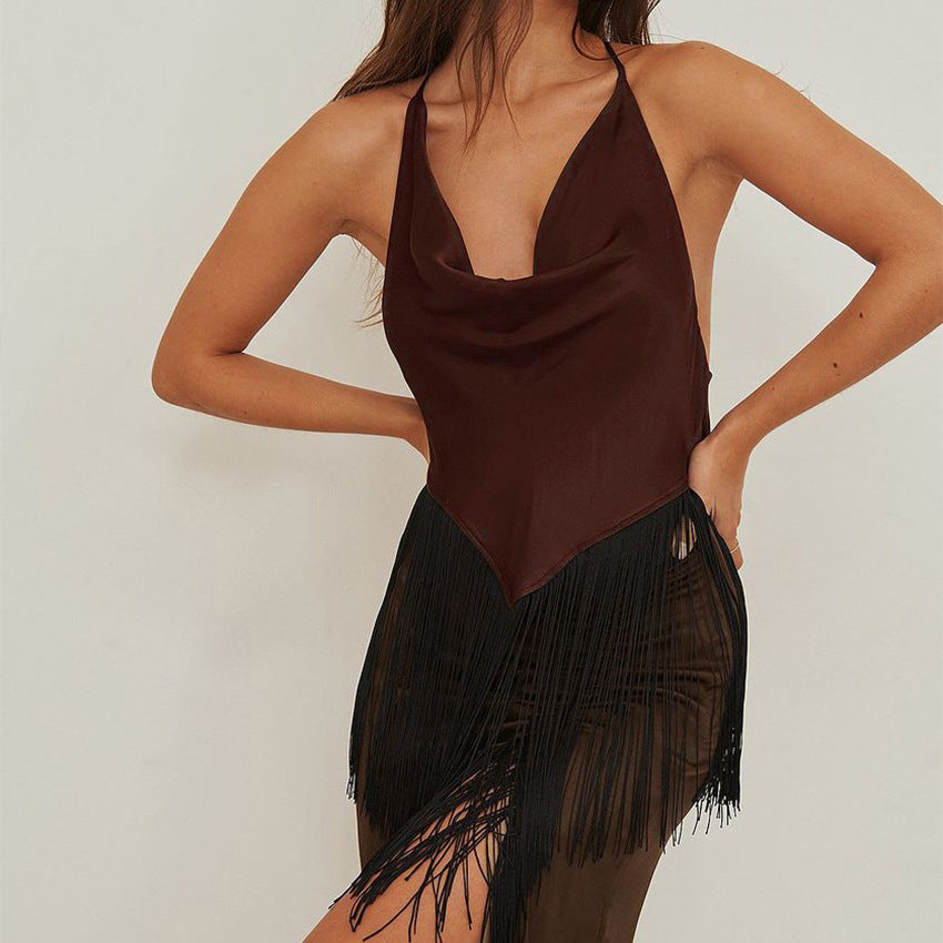 Camisole Tassel Vest Spring and Summer New Swing Collar Backless Niche Design Hot Girl Silk-like Satin