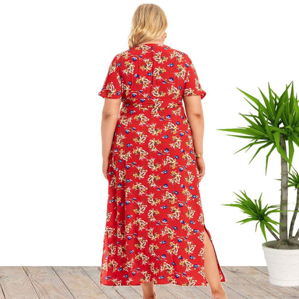 Women 'S Floral Dress V-neck Slit Dress