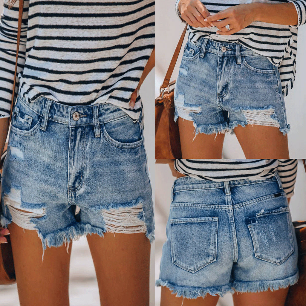 Denim Casual Shorts Ripped Burrs Slimming All-Match Women's Fashion