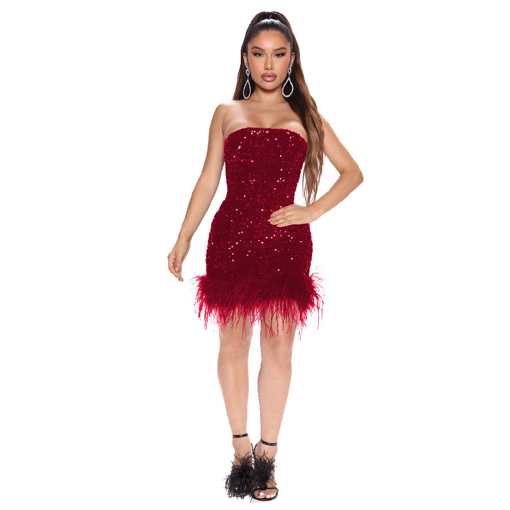 Fashion Tube Top Hip Skirt Ladies Feather Sequins Nightclub Party Dress