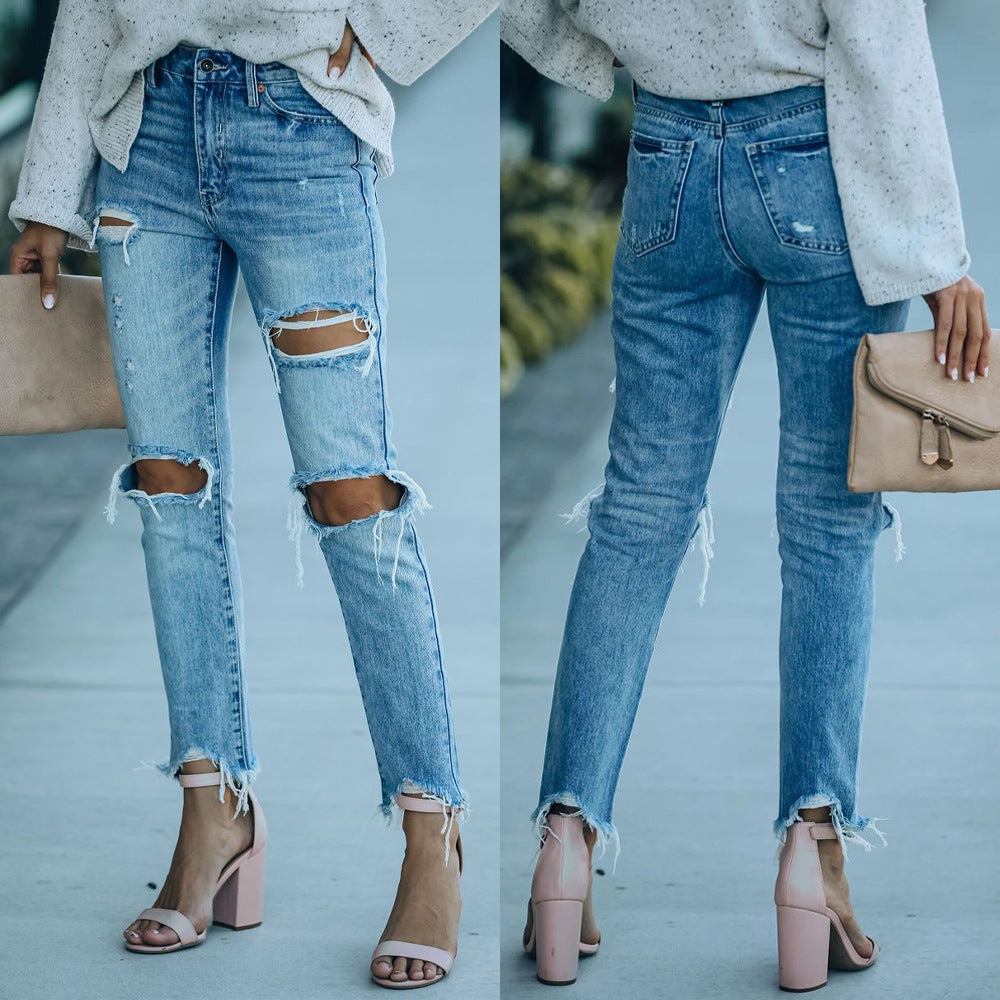 Ripped Street Slimming All-Matching Jeans Cropped Pants Casual Pants Women's Fashion