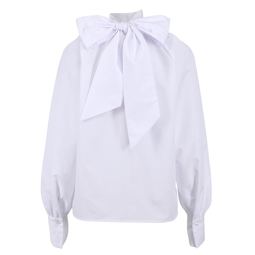 French Style Classic Style Bowknot Shirt Women's Design Sense Niche Women's Small Turtleneck White Shirt