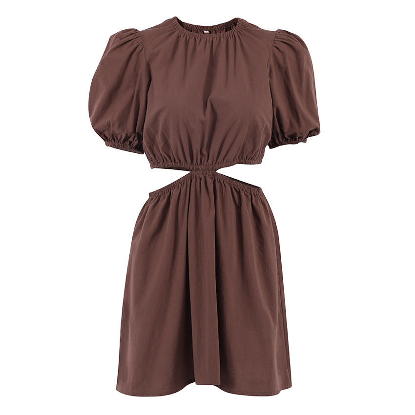 French Fashion Casual Women's Hollow Design Lantern Sleeve Dress A- line Dress Foreign Trade